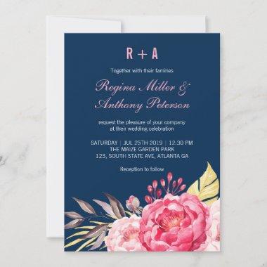 Royal Blue Pink Flower Garden Wedding Invitations