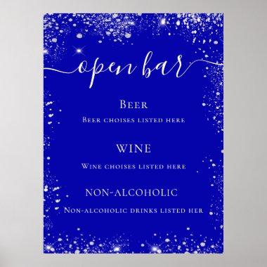 Royal blue silver glitter wedding bar menu poster