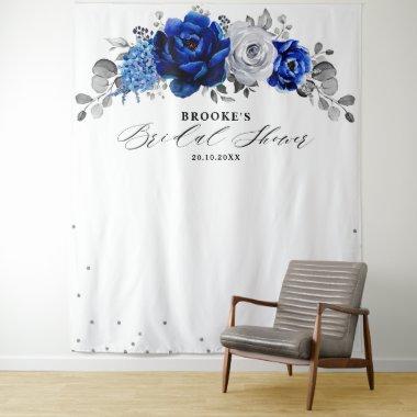 Royal Blue White Silver Floral Bridal shower Tapestry