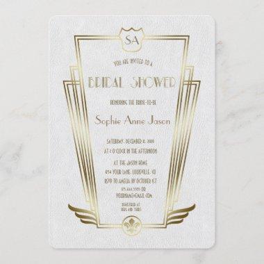 Royal Gold Art Deco Monogram White Bridal Shower Invitations