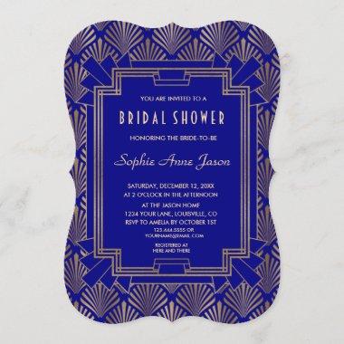 Royal Navy Blue Gold Great Gatsby Bridal Shower Invitations
