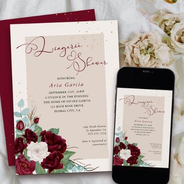 Royal Rose Burgundy Ivory Floral Lingerie Shower Invitations