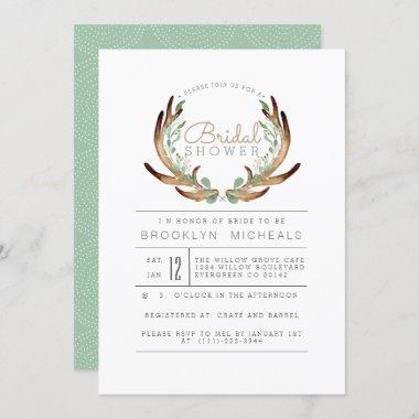 Rustic Antler and Vine Watercolor Bridal Shower Invitations