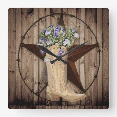 rustic barn wood wildflower western star cowgirl square wall clock