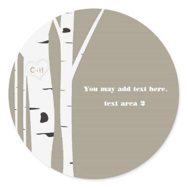 Rustic Birch Tree Carved Heart Taupe Favor Classic Round Sticker