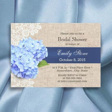 Rustic Blue Hydrangea Lace & Burlap Bridal Shower Invitations