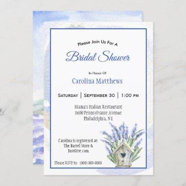 Rustic Blue Lavender Birdhouse Bridal Shower Invitations