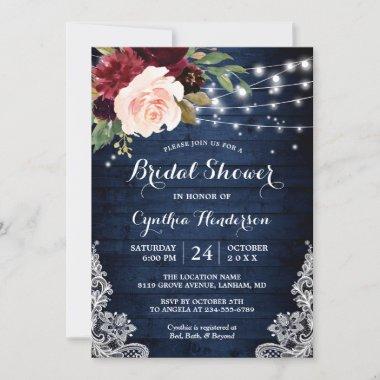 Rustic Blue Red Floral Lights Lace Bridal Shower Invitations