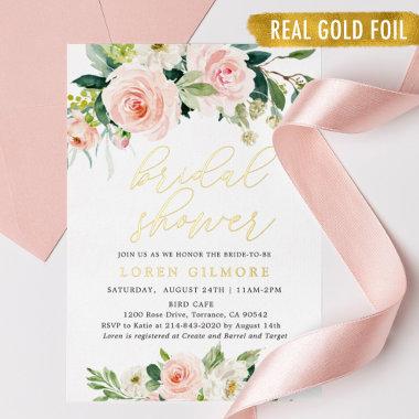 Rustic Blush Gold Floral Bridal Shower Foil Invitations