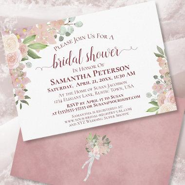 Rustic Blush Pink Watercolor Floral Bridal Shower Invitations