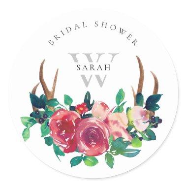 Rustic Boho Red Floral Stag Antlers Bridal Shower Classic Round Sticker