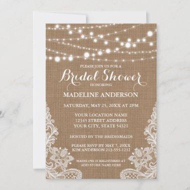 Rustic Bridal Shower Burlap String Lights Lace Invitations