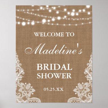Rustic Bridal Shower Burlap String Lights Lace Poster