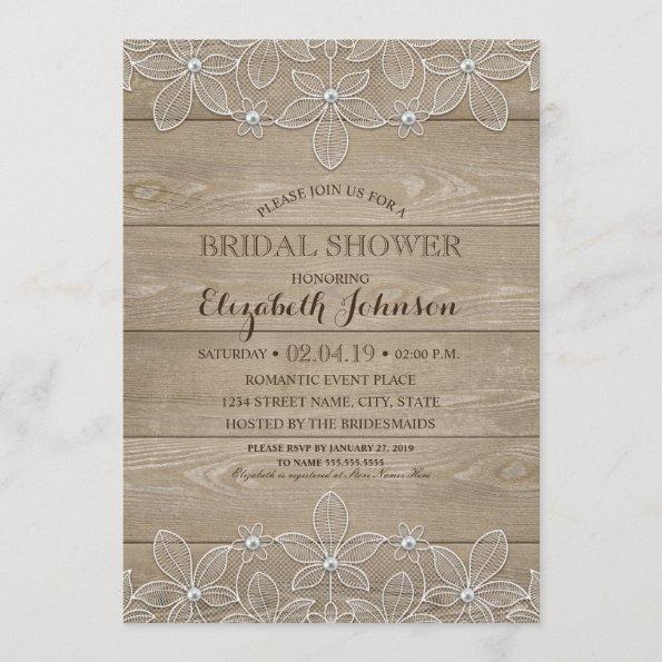 Rustic Bridal Shower Elegant Vintage Wood & Lace Invitations