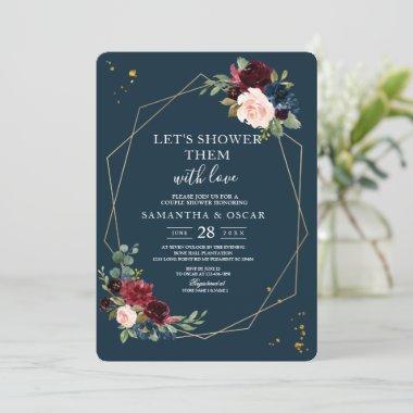 Rustic Burgundy Navy Blue & Red Gold Flowers Frame Invitations