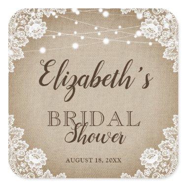 Rustic Burlap and Lace Bridal Shower Square Sticker