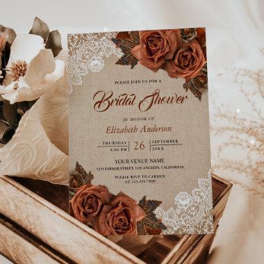 Rustic Burlap Dusty Terracotta Rose Bridal Shower Invitations