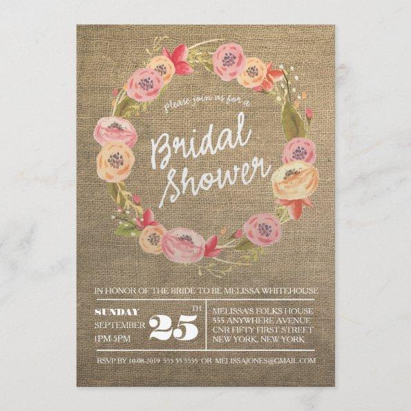 Rustic Burlap Floral Wreath Bridal Shower Invite