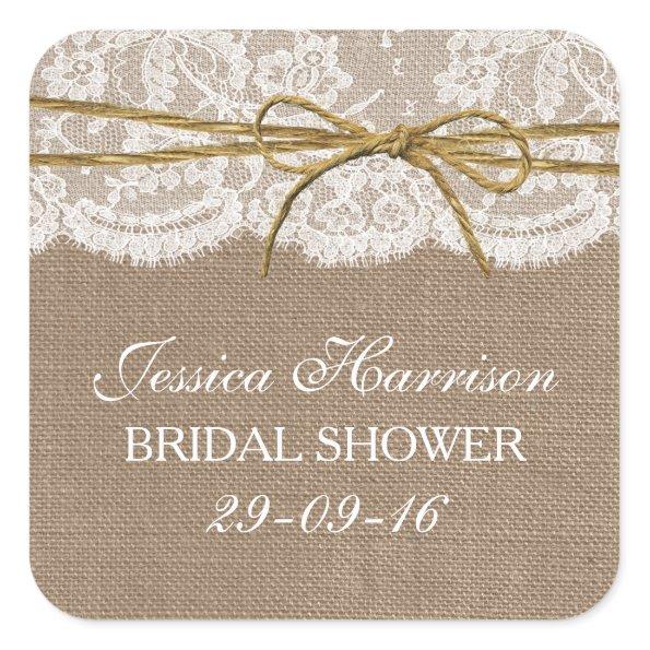 Rustic Burlap, Lace & Twine Bow Bridal Shower Square Sticker