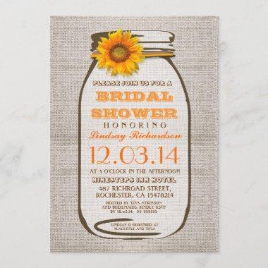 Rustic Burlap Mason Jar Sunflower Bridal Shower Invitations