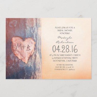 Rustic carved heart tree bridal shower Invitations
