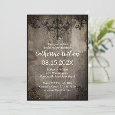 Rustic Chandelier Vintage Wood Bridal Shower Invitations