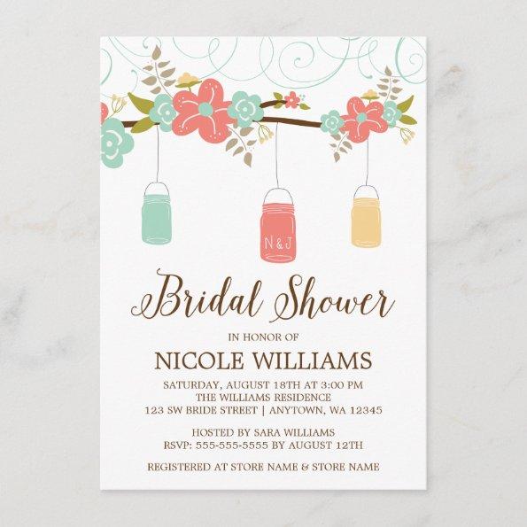 Rustic Coral Mint Mason Jar Branch Bridal Shower Invitations
