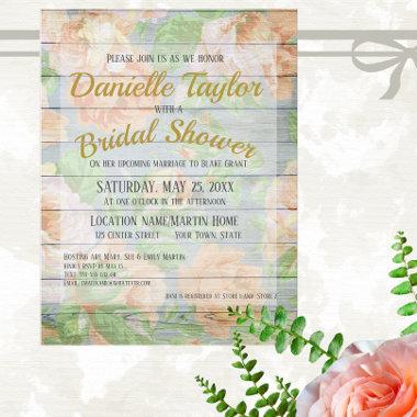 Rustic Coral Roses, Weathered Boards Bridal Shower Invitation PostInvitations