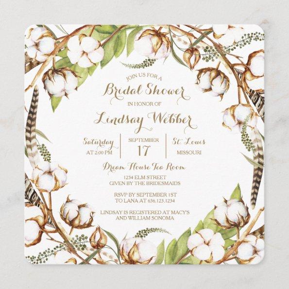 Rustic Cotton Feathers Bridal Shower Invitations