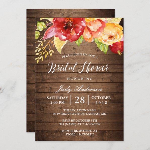 Rustic Country Barn Wood Floral Fall Bridal Shower Invitations