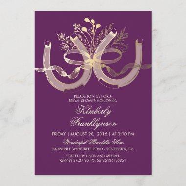Rustic Country Horseshoe Gold Purple Bridal Shower Invitations
