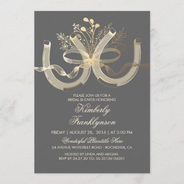 Rustic Country Horseshoes Gold Grey Bridal Shower Invitations