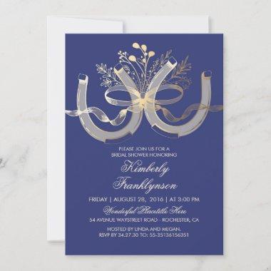 Rustic Country Horseshoes Gold Navy Bridal Shower Invitations