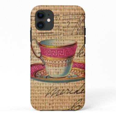 Rustic country tea party pink victorian teacup iPhone 11 case