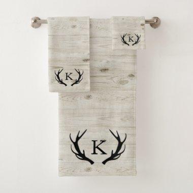 Rustic Deer Antler White Wood Monogrammed Bath Towel Set