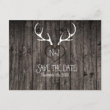 Rustic Deer Antlers & Carved Heart Save The Date Announcement PostInvitations