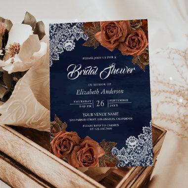 Rustic Dusty Terracotta Rose Navy Bridal Shower Invitations