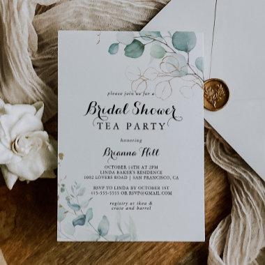 Rustic Eucalyptus Gold Bridal Shower Tea Party Invitations