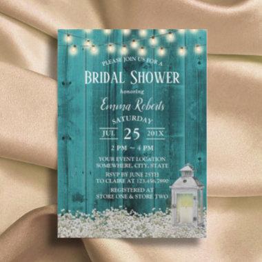 Rustic Flowers & Lantern Teal Barn Bridal Shower Invitations