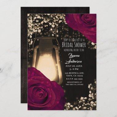 Rustic Glow Lantern Magenta Roses Bridal Shower Invitations