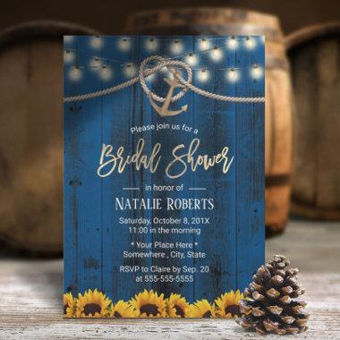 Rustic Gold Anchor Sunflowers Navy Bridal Shower Invitations
