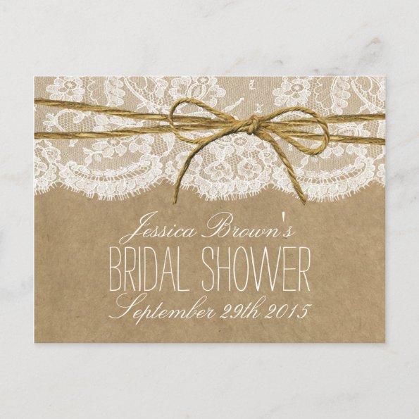 Rustic Kraft Lace Twine Bow Bridal Shower Recipe Invitation PostInvitations
