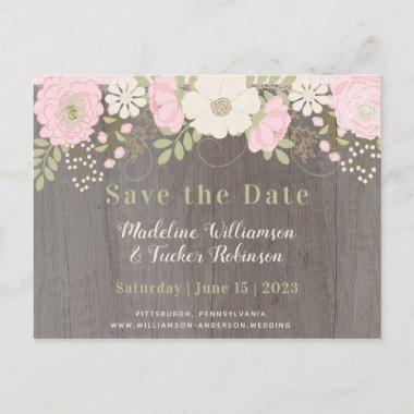 Rustic l Dusty Rose Flowers on Wood Save the Date PostInvitations