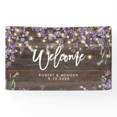 rustic lavender and wood wedding welcome banner