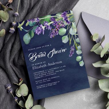 Rustic Lavender Eucalyptus Navy Blue Bridal Shower Invitations