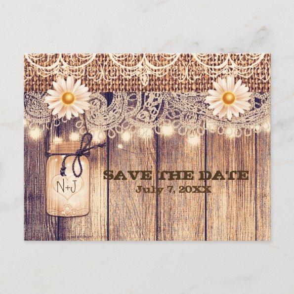 Rustic Lighted Mason Jar & Daisies Save the Date Announcement PostInvitations