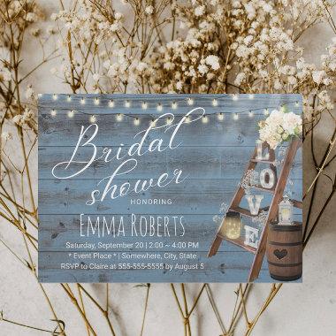 Rustic Love Ladder Dusty Blue Wood Bridal Shower Invitations