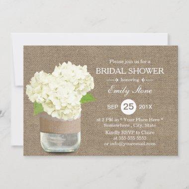Rustic Mason Jar & Hydrangea Burlap Bridal Shower Invitations