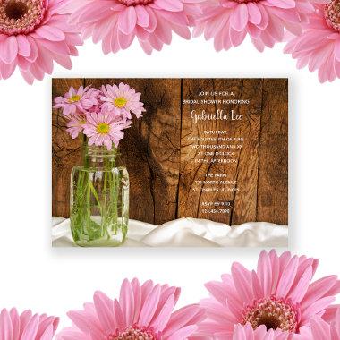 Rustic Mason Jar Pink Daisies Barn Bridal Shower Invitations