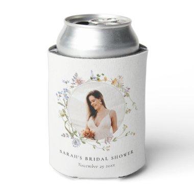 Rustic Meadow Floral Wreath Photo Bridal Shower Can Cooler